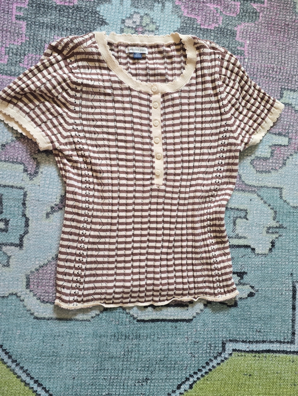 American Eagle Outfitters Cream and Brown Striped Button-Front Sweater